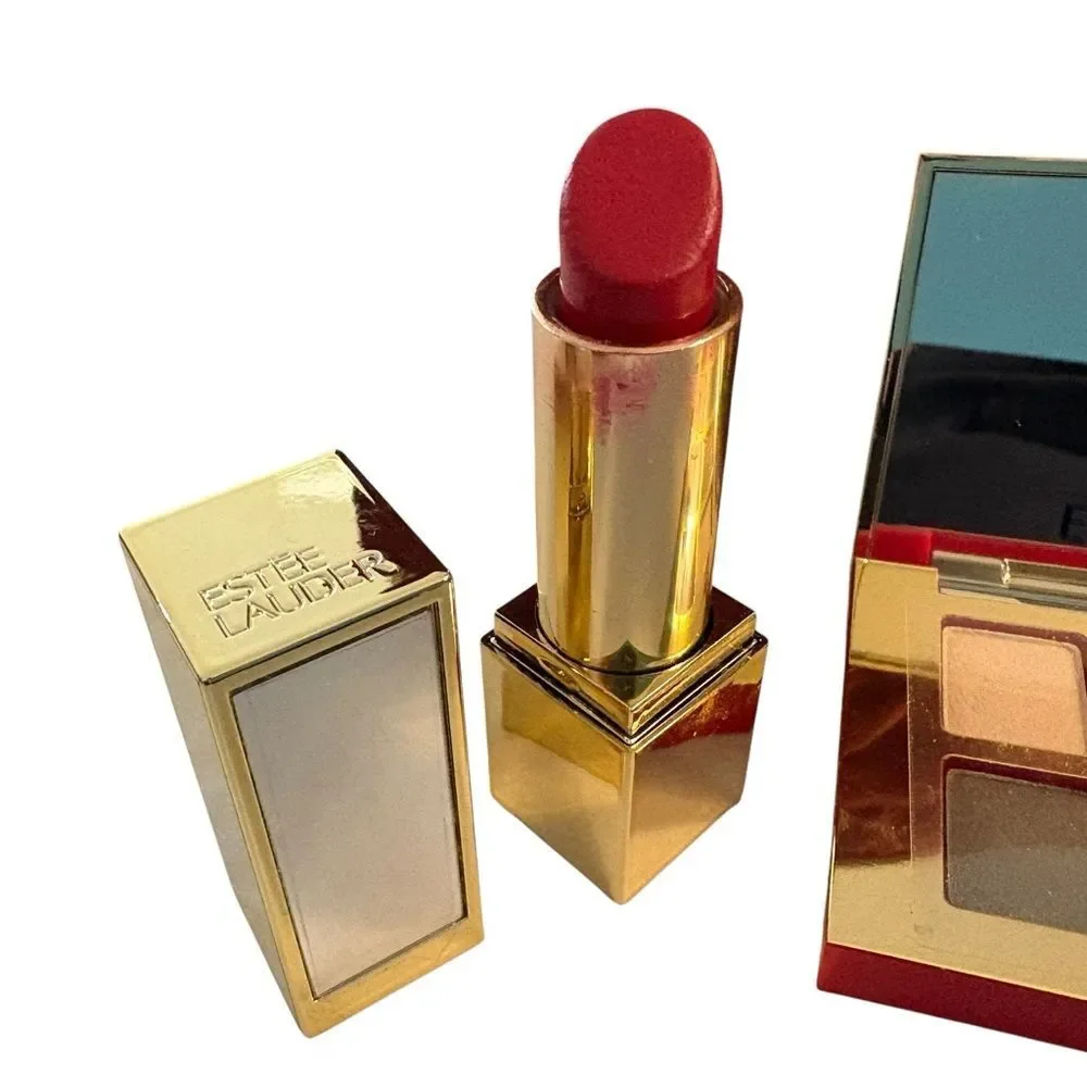 Estee Lauder Lipstick, Eyeshadow,‎ Blush, plus Quilted Burgundy Cosmetic Bag
